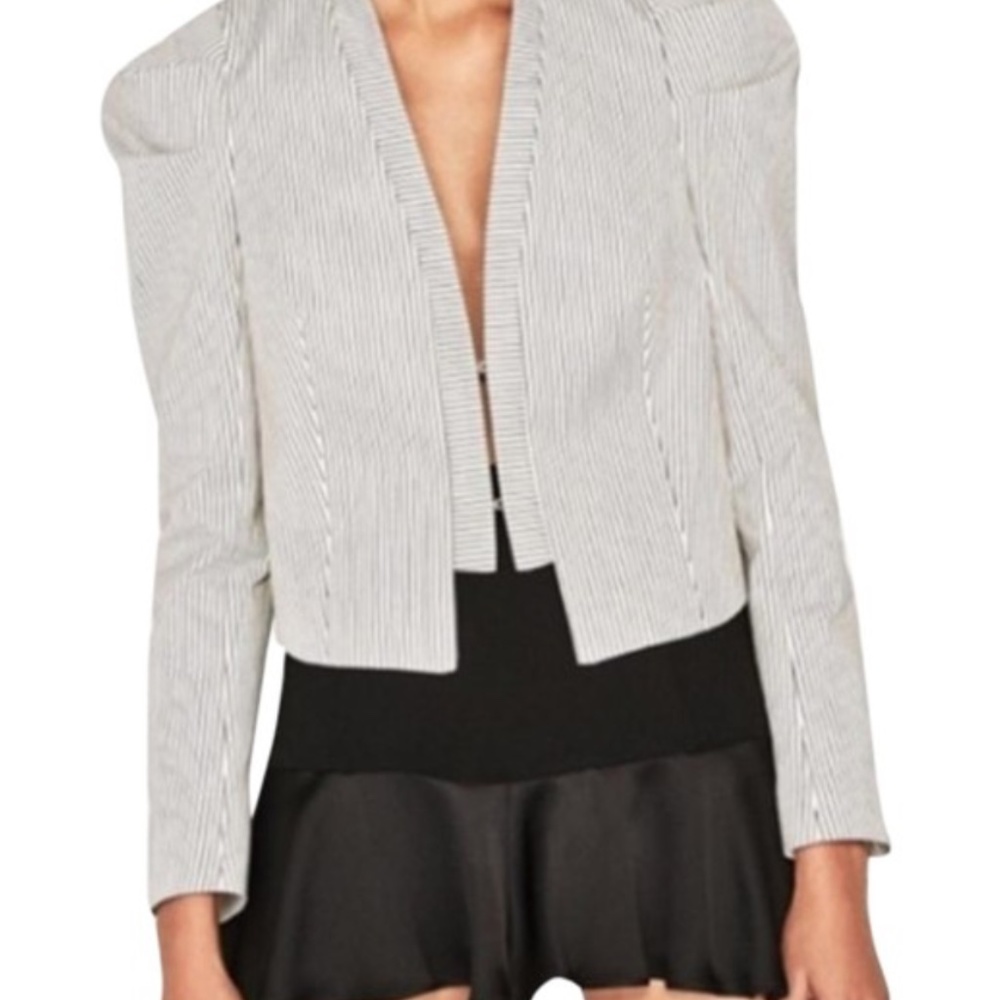 White Basic Pinstripe Pleated Shoulder Blazer